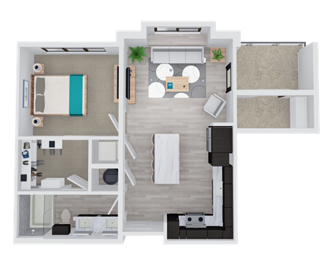 Floor plan for 1 bed, 1 bath, 709 sqft